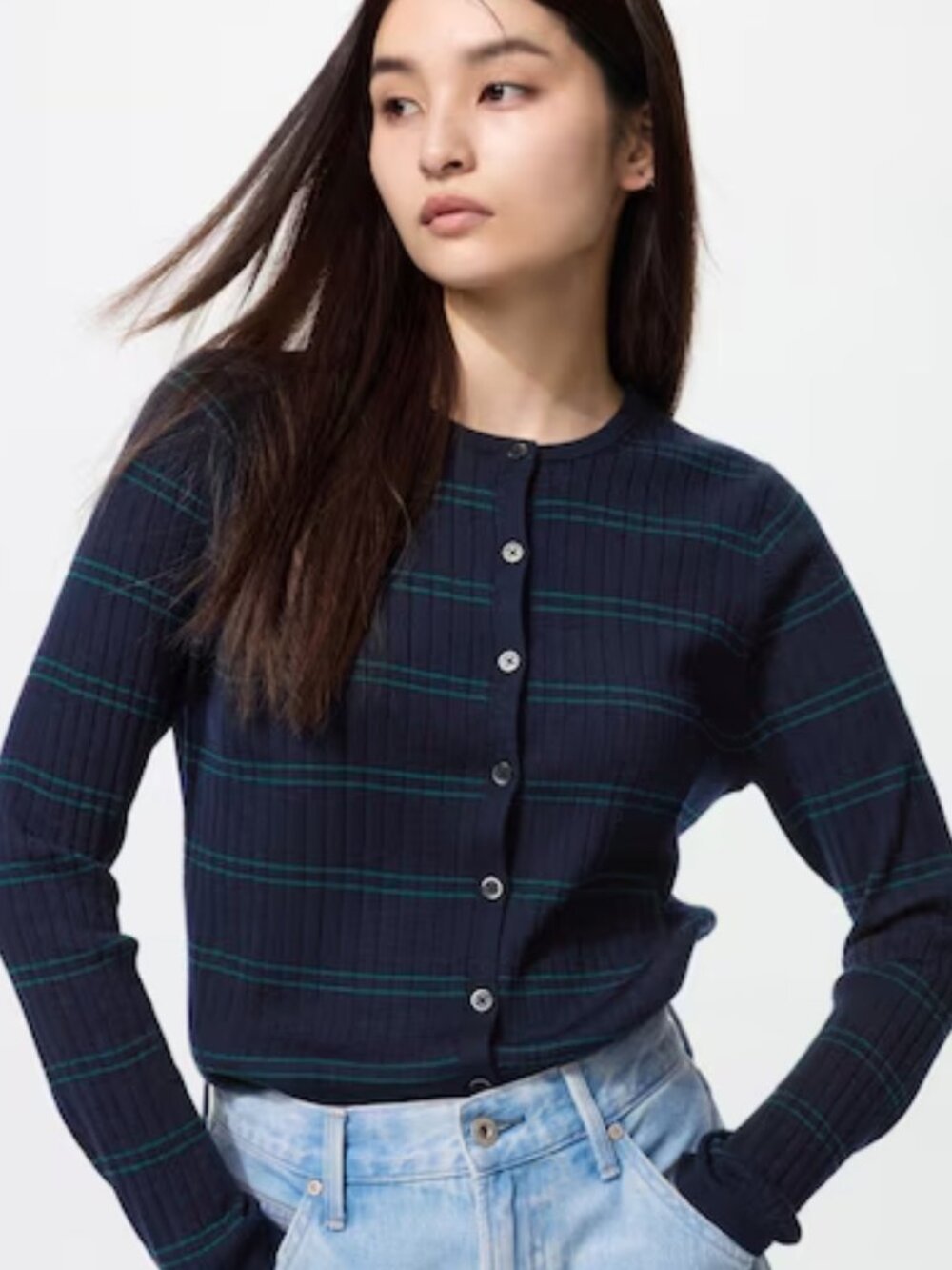 Uniqlo‎ Womens Merino Wool Cardigan Size *S Preppy Dark Academia Ribbed Striped